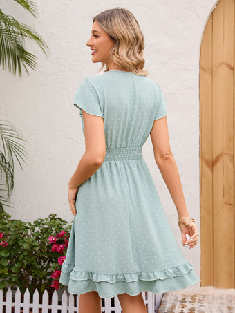 サマードレス Aライン 半袖 Vネック レイヤード プリーツウエスト カジュアル ミディドレス