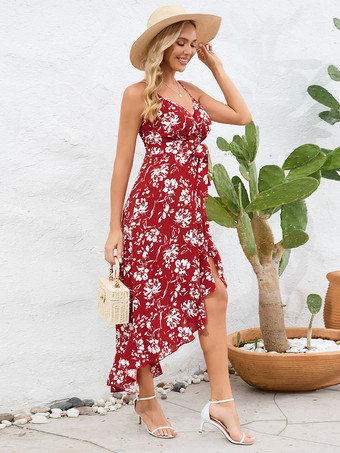 プリントドレス Vネック スパゲッティストラップ Faxu ラップ ベルト付き サマーミディドレス