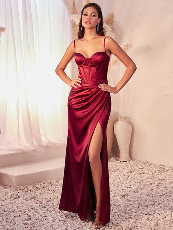 バーガンディーイブニングドレス マーメイド スウィートハートネック サテン生地 フロアレングス フロントスリット フォーマルディナードレス