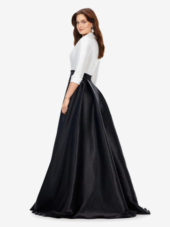 プロムドレス サテン生地 Vネック Aライン ハーフスリーブ サッシュ パーティードレス