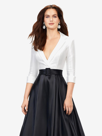 プロムドレス サテン生地 Vネック Aライン ハーフスリーブ サッシュ パーティードレス