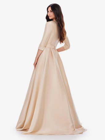 プロムドレス サテン生地 Vネック Aライン ハーフスリーブ サッシュ パーティードレス