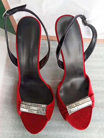 レッド プロム パーティー シューズ ベルベット オープントゥ ビーズ スリングバック ハイヒール サンダル