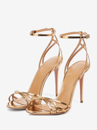 Scarpe da festa dorate Sandali con tacco alto e cinturino alla caviglia incrociato metallizzato con punta aperta