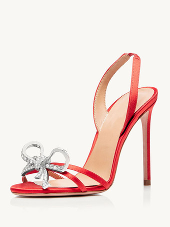 レッド ハイヒールサンダル レディース オープントゥ ラインストーン ボウ スティレットヒール プロム パーティー シューズ