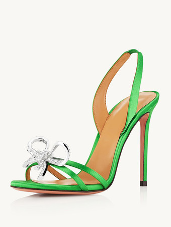 グリーン ハイヒールサンダル レディース オープントゥ ラインストーン ボウ スティレットヒール プロム パーティー シューズ