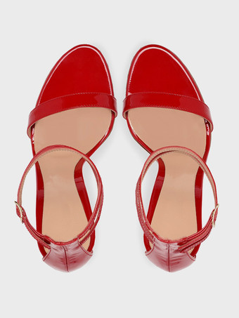 赤いセクシーなヒールサンダル オープントゥ スティレットヒール アンクルストラップ パーティーシューズ