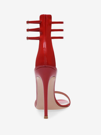 赤いセクシーなヒールサンダル オープントゥ スティレットヒール アンクルストラップ パーティーシューズ