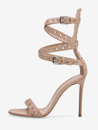 アプリコットハイヒールサンダル スエードオープントゥ クリスクロスカットアウト アンクルストラップサンダルシューズ