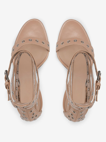 アプリコットハイヒールサンダル スエードオープントゥ クリスクロスカットアウト アンクルストラップサンダルシューズ