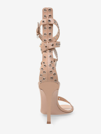 アプリコットハイヒールサンダル スエードオープントゥ クリスクロスカットアウト アンクルストラップサンダルシューズ