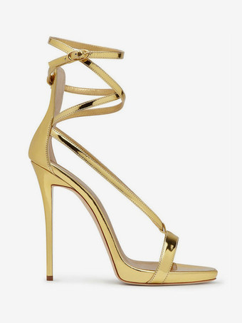 シルバーハイヒールサンダル メタリッククリスクロス アンクルストラップ プロムパーティーシューズ