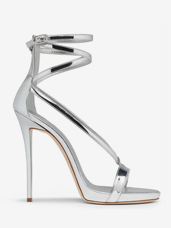シルバーハイヒールサンダル メタリッククリスクロス アンクルストラップ プロムパーティーシューズ