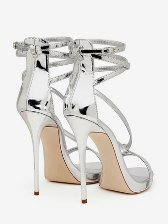 シルバーハイヒールサンダル メタリッククリスクロス アンクルストラップ プロムパーティーシューズ
