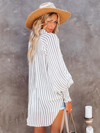 ストライプブラウス ターンダウンカラー 長袖 プリーツ レディース トップス