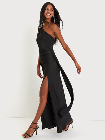 ブラックブライズメイドドレス ワンショルダー ハイスリット ルーシュ マーメイド プロム マキシドレス