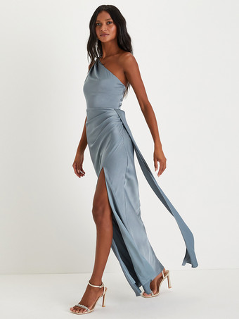 ブライズメイドドレス ワンショルダー ハイスリット ルーシュ マーメイド プロム マキシドレス