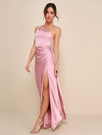 ピンクブライズメイドドレス ワンショルダー ハイスリット ルーシュ マーメイド プロム マキシドレス