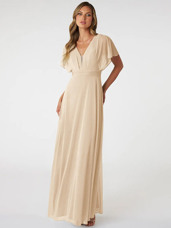 シャンパンブラッシュピンクのブライズメイドドレス Vネック バックレス シフォン Aライン プロムドレス