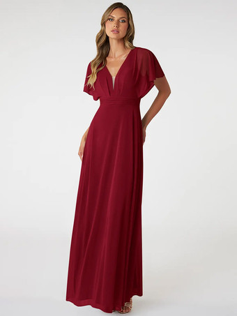 バーガンディーブラッシュピンクのブライズメイドドレス Vネック バックレス シフォン Aライン プロムドレス