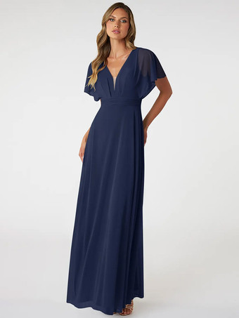 ダークネイビーブラッシュピンクのブライズメイドドレス Vネック バックレス シフォン Aライン プロムドレス