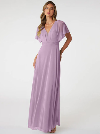 ラベンダーブラッシュピンクのブライズメイドドレス Vネック バックレス シフォン Aライン プロムドレス