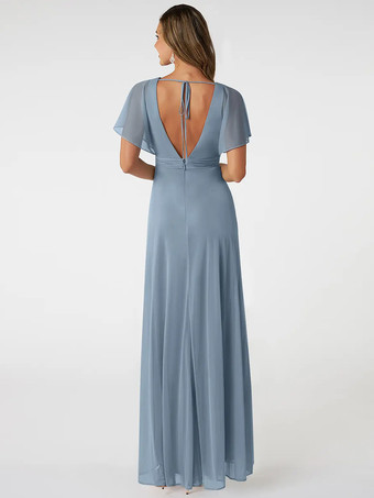 ブラッシュピンクのブライズメイドドレス Vネック バックレス シフォン Aライン プロムドレス