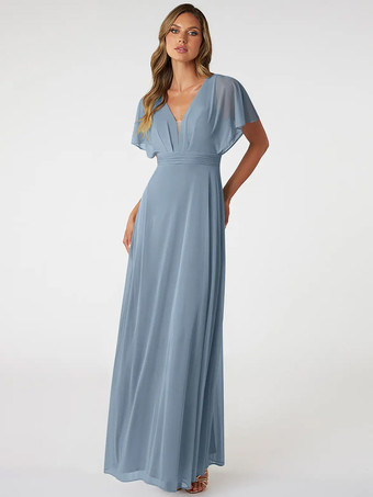 スレートグレー ブラッシュピンクのブライズメイドドレス Vネック バックレス シフォン Aライン プロムドレス