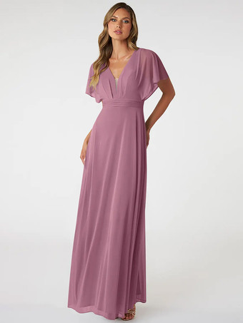 フクシャピンクブラッシュピンクのブライズメイドドレス Vネック バックレス シフォン Aライン プロムドレス