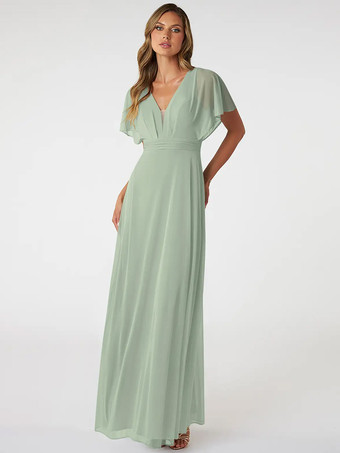 セージグリーンブラッシュピンクのブライズメイドドレス Vネック バックレス シフォン Aライン プロムドレス