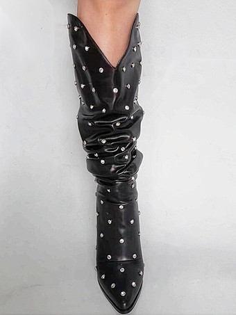 ブラック ワイド カーフブーツ レディース ポインテッドトゥ ビーズ ウェッジヒール スラウチブーツ