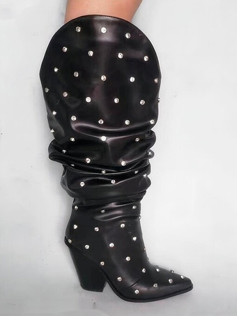 ブラック ワイド カーフブーツ レディース ポインテッドトゥ ビーズ ウェッジヒール スラウチブーツ