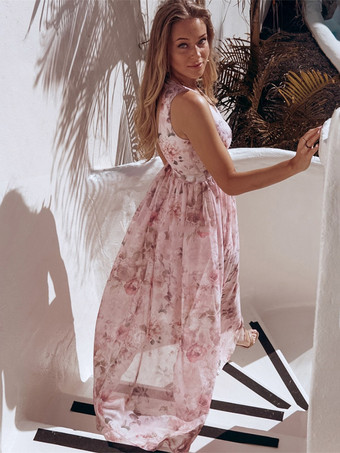 ノースリーブ サマードレス 花柄 Vネック ハイスリット マキシドレス