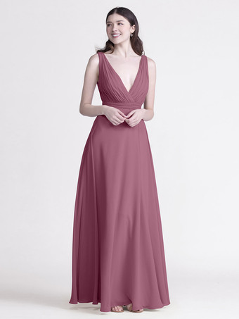 バーガンディーブライズメイドドレス Vネック ルーシュ シフォン Aライン ウェディング パーティー マキシドレス
