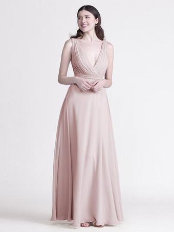 カメオピンクブライズメイドドレス Vネック ルーシュ シフォン Aライン ウェディング パーティー マキシドレス