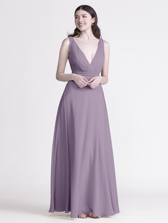 ラベンダーブライズメイドドレス Vネック ルーシュ シフォン Aライン ウェディング パーティー マキシドレス