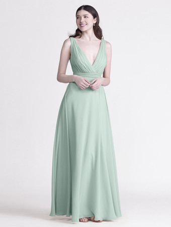 ミントグリーンブライズメイドドレス Vネック ルーシュ シフォン Aライン ウェディング パーティー マキシドレス