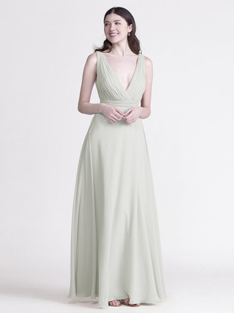 パステルグリーンブライズメイドドレス Vネック ルーシュ シフォン Aライン ウェディング パーティー マキシドレス