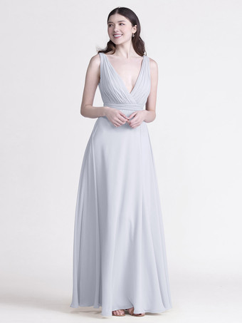 ベビーブルーブライズメイドドレス Vネック ルーシュ シフォン Aライン ウェディング パーティー マキシドレス