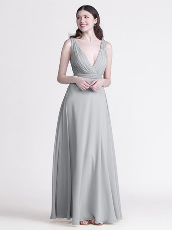 ライトグレーブライズメイドドレス Vネック ルーシュ シフォン Aライン ウェディング パーティー マキシドレス
