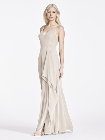 シャンパンシフォン ブライズメイド ドレス ノースリーブ イレギュラー A ライン ウェディング パーティー マキシ ドレス