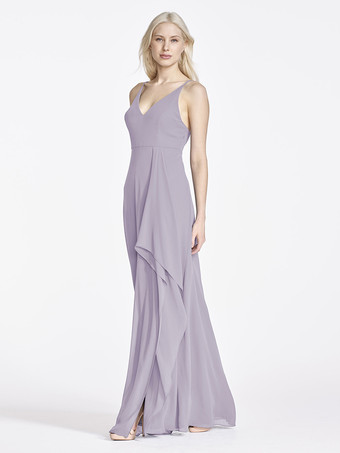 ラベンダーシフォン ブライズメイド ドレス ノースリーブ イレギュラー A ライン ウェディング パーティー マキシ ドレス