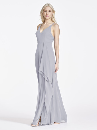 グレーブルーシフォン ブライズメイド ドレス ノースリーブ イレギュラー A ライン ウェディング パーティー マキシ ドレス