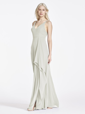 セージグリーンシフォン ブライズメイド ドレス ノースリーブ イレギュラー A ライン ウェディング パーティー マキシ ドレス