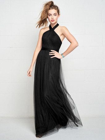 ブラックブライズメイドドレス ホルターネック オープンバック ルーシュ Aライン チュール ウェディング パーティードレス