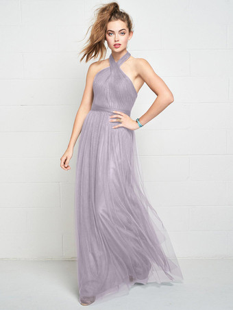 ラベンダーブライズメイドドレス ホルターネック オープンバック ルーシュ Aライン チュール ウェディング パーティードレス