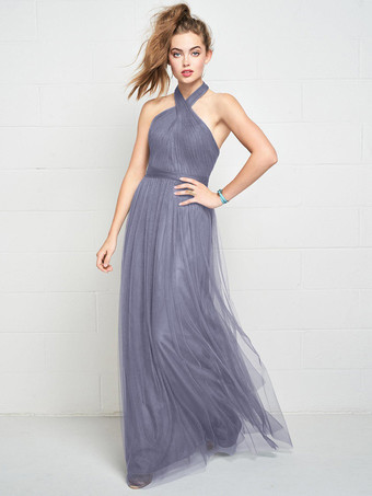 グレーブルーブライズメイドドレス ホルターネック オープンバック ルーシュ Aライン チュール ウェディング パーティードレス