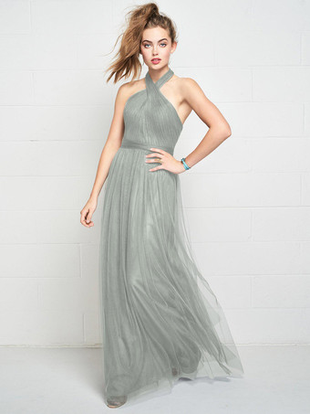 セージグリーンブライズメイドドレス ホルターネック オープンバック ルーシュ Aライン チュール ウェディング パーティードレス