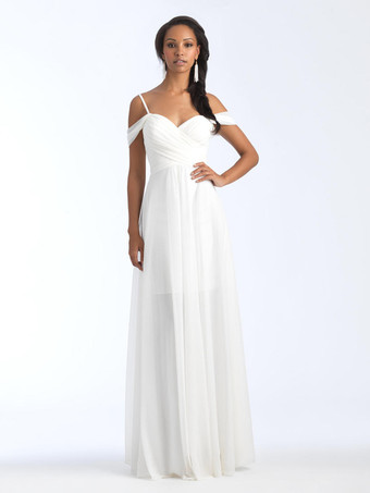 アイボリーブライズメイドドレス スウィートハートネックライン コールドショルダー ルーシュシフォン Aライン マキシドレス