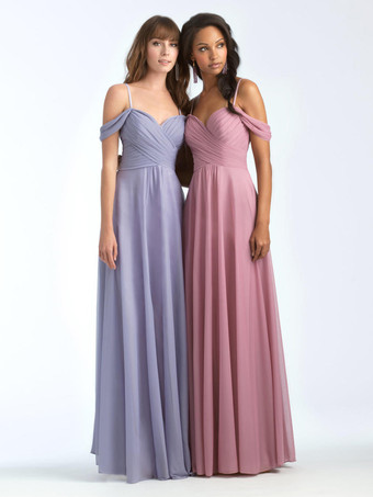 ホットピンクブライズメイドドレス スウィートハートネックライン コールドショルダー ルーシュシフォン Aライン マキシドレス